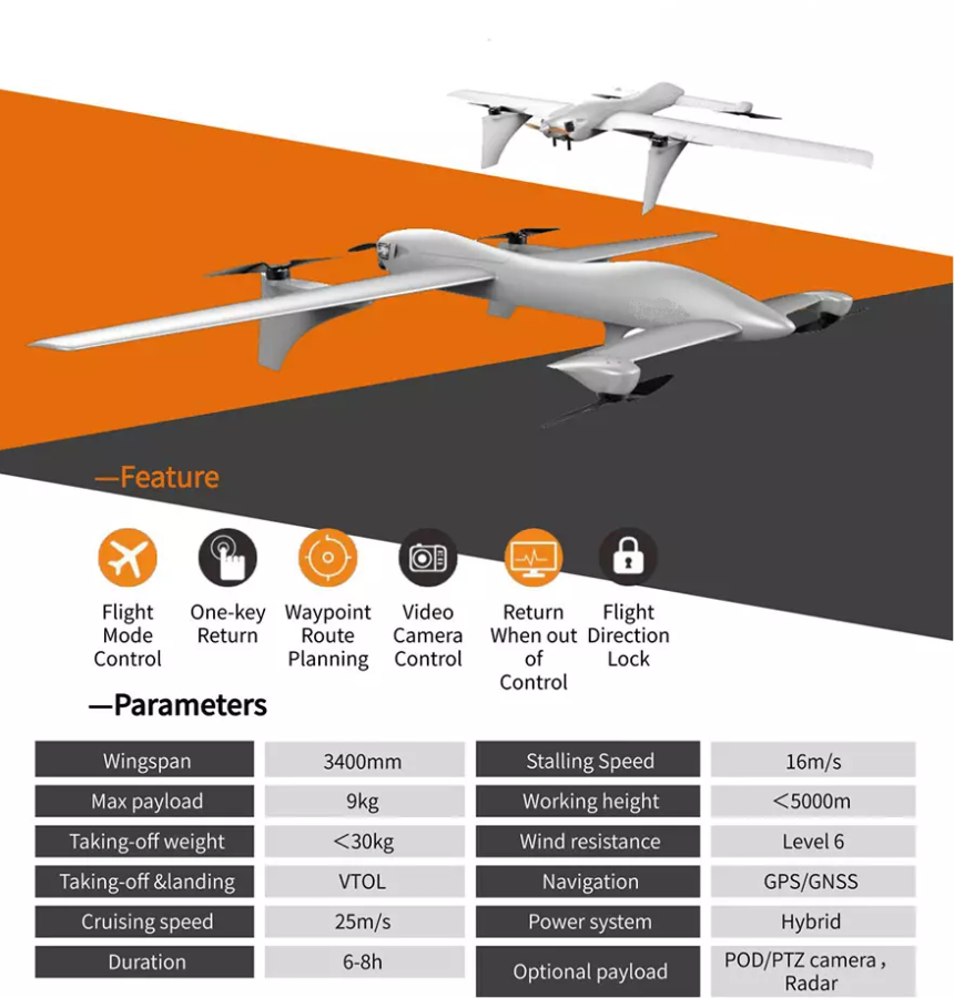 GR340 CND hibridinis benzinas-elektra EFI VTOL ilgalaikio skrydžio bepilotis orlaivis